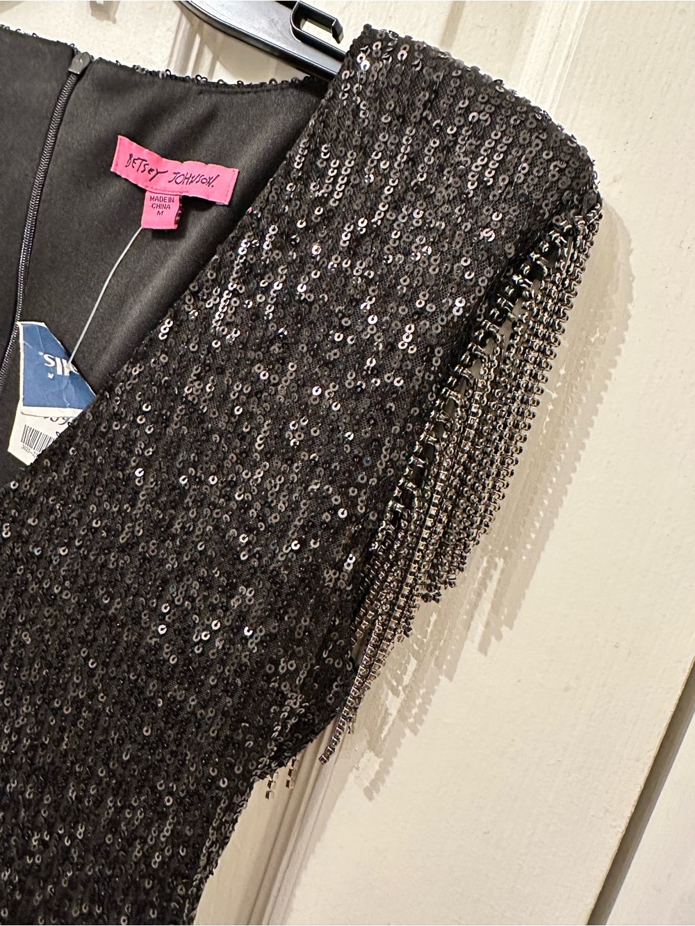 Betsey Johnson Black Sequin V-Neck Mini Dress with Fringe Sleeves - Picture 4 of 4